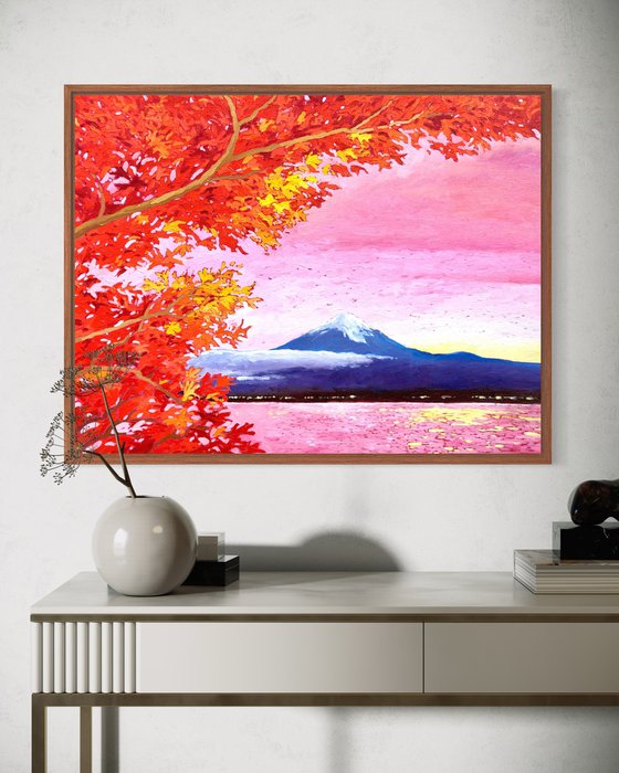 Pink sunset. Mount Fuji