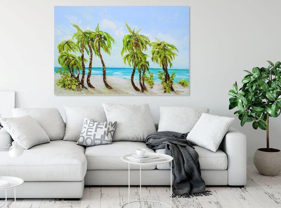 Large Abstract Seascape Painting. Palm trees. Beach, ocean, waves, sky with clouds, sailboats, sailing, yacht.