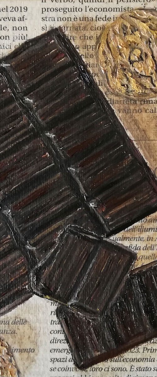 "Chocolate Bar with Walnuts on Newspaper" Original Oil on Canvas Board Painting 6 by 6 inches (15x15 cm) by Katia Ricci