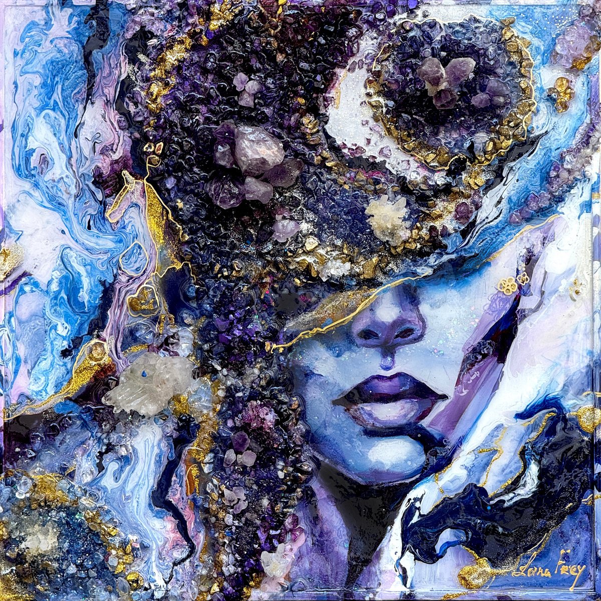 Expressive Portrait Painting By Lana Frey, 20 X 20", The Amethyst Priestess, Original Artwork