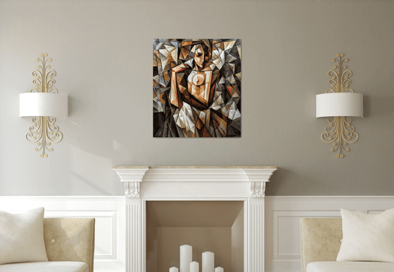 In front of the mirror (80x90cm, cubism, oil painting, ready to hang)