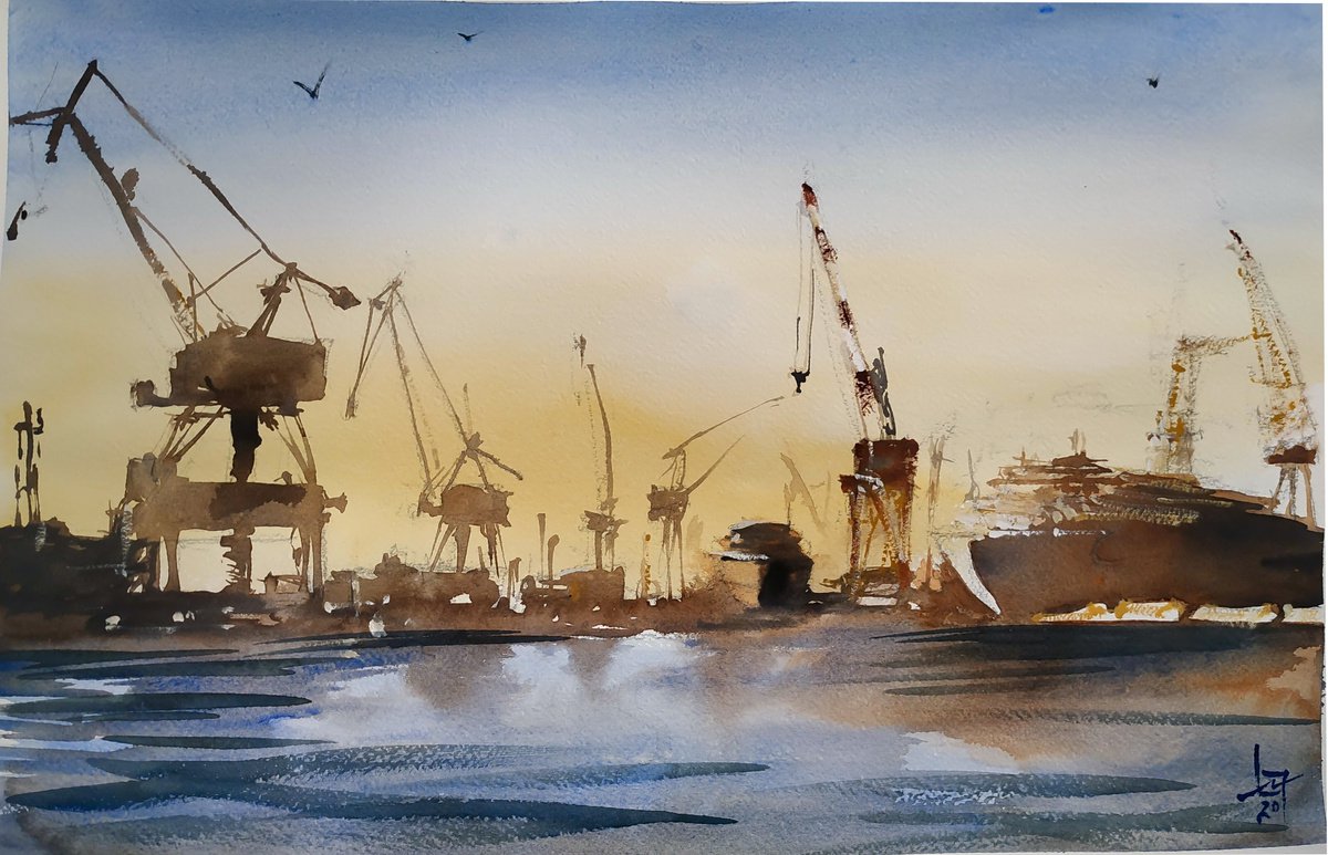 Impressionistic Landscape Watercolour By Flavio Furlan, 22 X 13, Dinosauri Nel Porto, Original Artwork