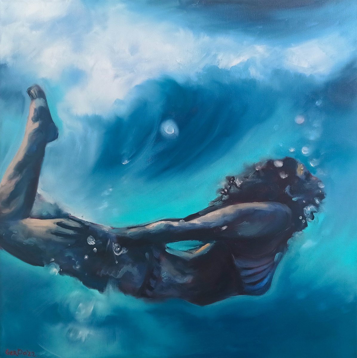 Photorealistic Portrait Oil Painting By Daria Gerasimova, 20 X 20, Underwater Swimming, Original Artwork