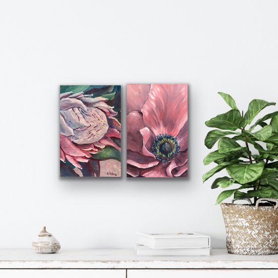 115 Set of 2 Flower oil artworks, Pink flower, Pink Gallery wall art, Original oil art on canvas, Floral Wall Decor