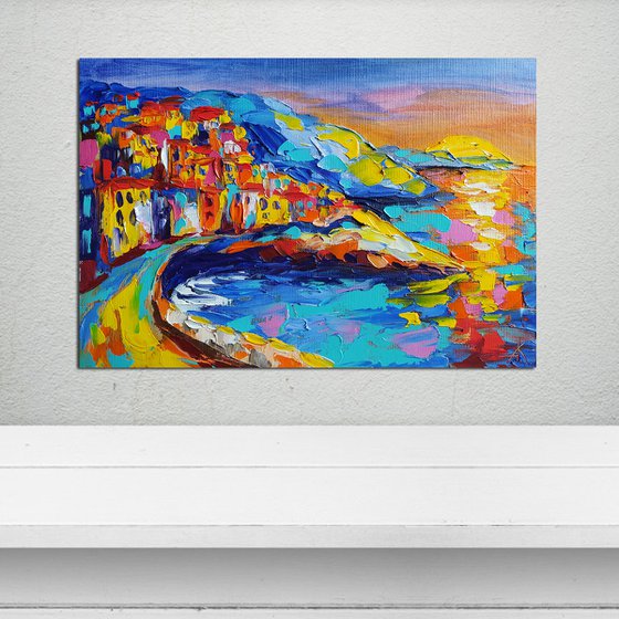 Amalfi coast - sea, seascape, seascape oil painting, sunset, Italy, Italy seascape, evening city