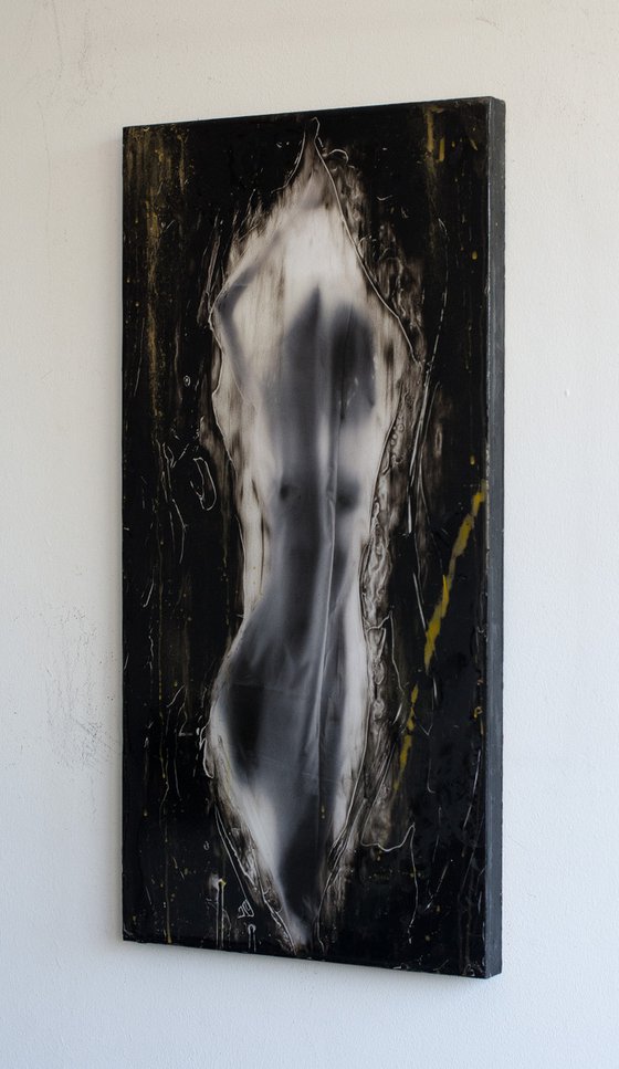 "Euphoria" (60x30x2,5cm) - Unique portrait artwork on wood (abstract, portrait, epoxyresin, gouache, original, painting, coffee, acrylic, oil, watercolor, encaustics, beeswax, resin, wood, fingerpaint)