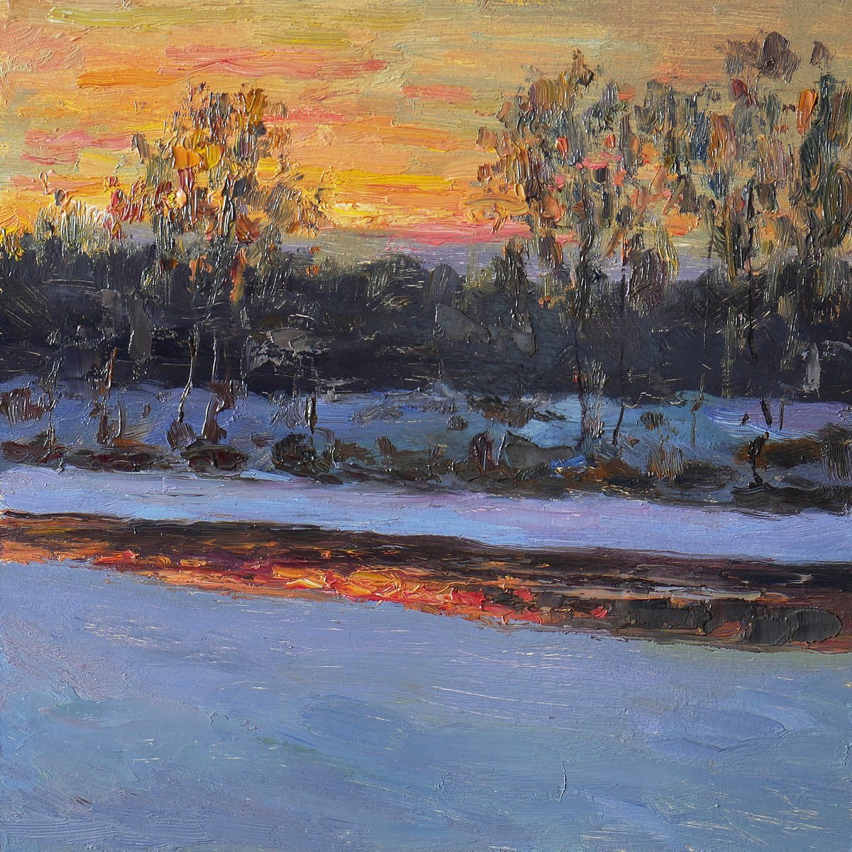 The Frosty Evening At The Krasivaya Mecha - original winter oil painting by Nikolay Dmitriev