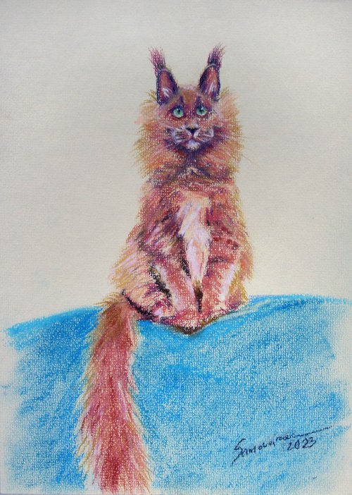 Red cat / ORIGINAL PASTEL PAINTING by Salana Art Gallery