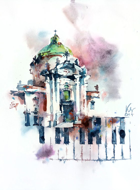 "Dominican church in Lviv, Ukraine" architectural landscape - Original watercolor painting