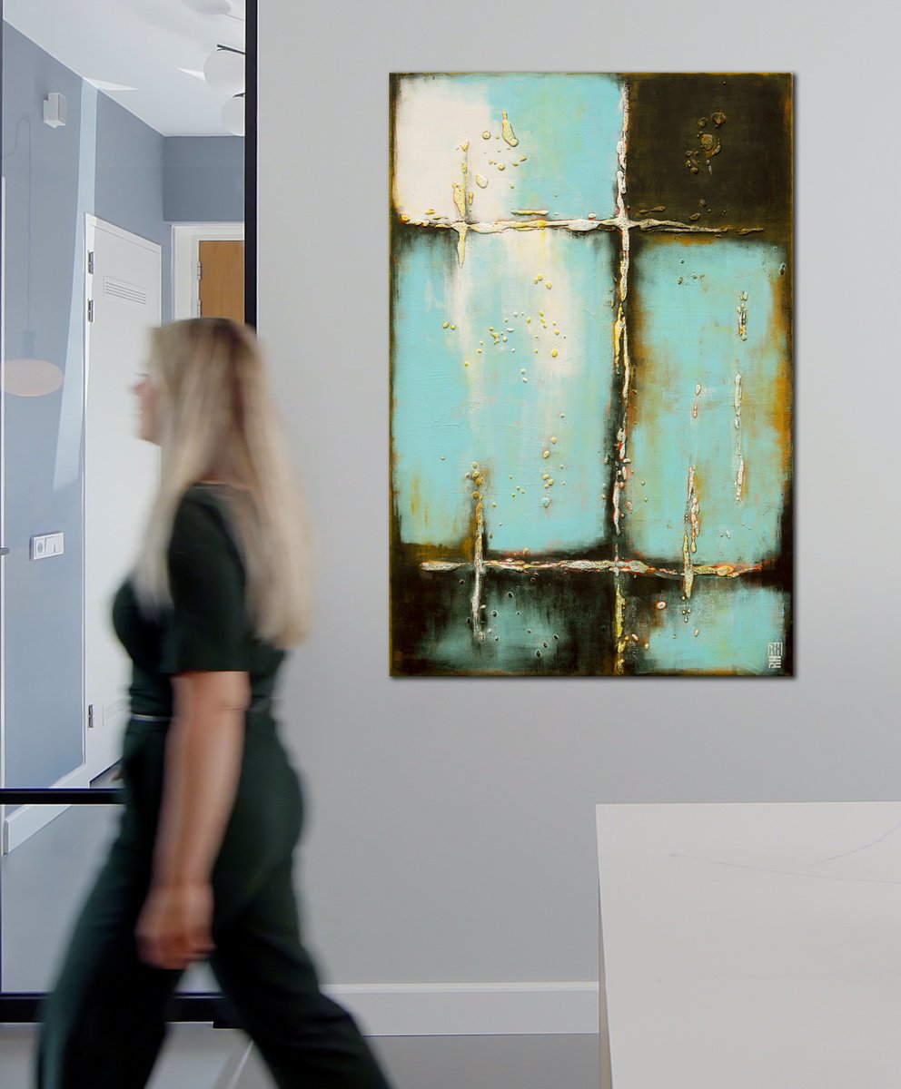 Abstract Acrylic Painting By Ronald Hunter, 31 X 47", Turquoise Lots, Original Artwork