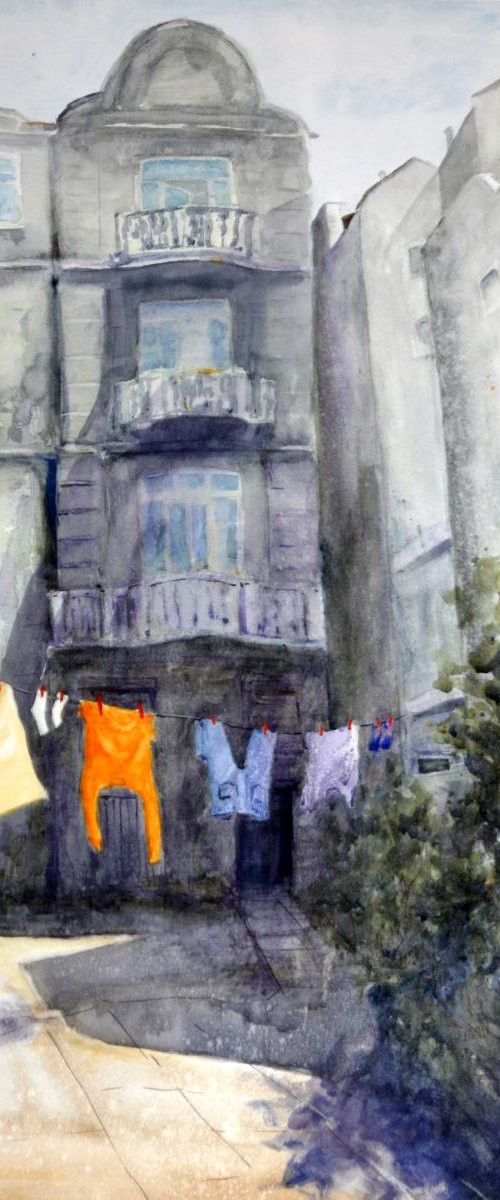 Yard in Skadarlija Belgrade - original watercolor painting by Nenad Kojic by Nenad Kojić watercolorist