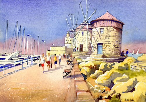 Windmills at Rhodes Harbour, Greece by Peter Day