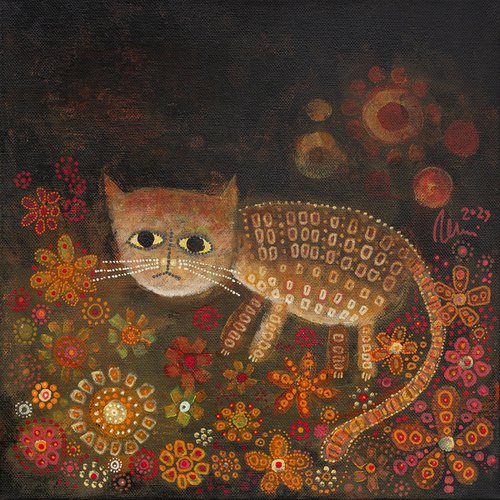 Felis Catus Botanicus III. - Cat in the Garden acrylic painting by Peter Zelei