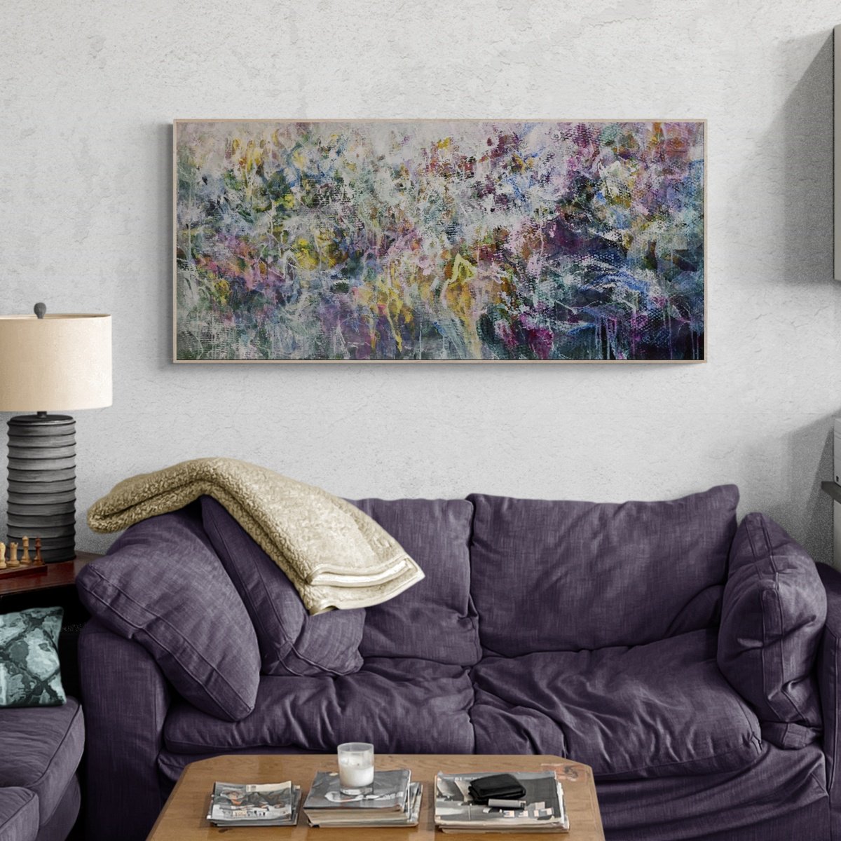 Expressive Abstract Acrylic Painting By Katia Solodka, 47 X 20", Wisteria In My Garden, Original Artwork