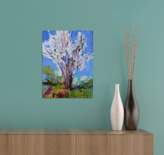 Flowering cherry tree. Original oil painting