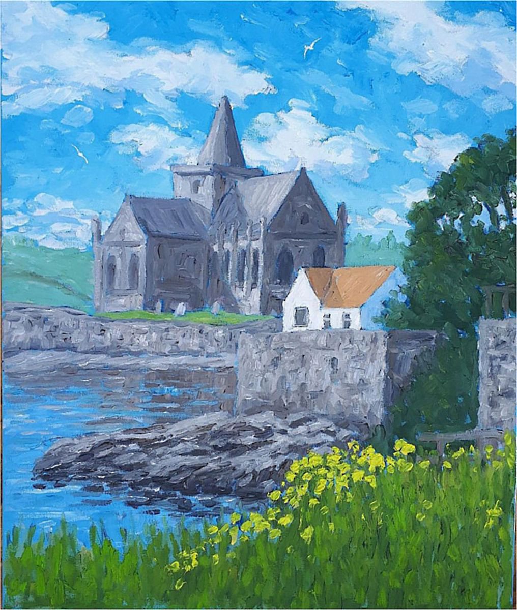 st monans kirk with yellow flowers by Colin Ross Jack