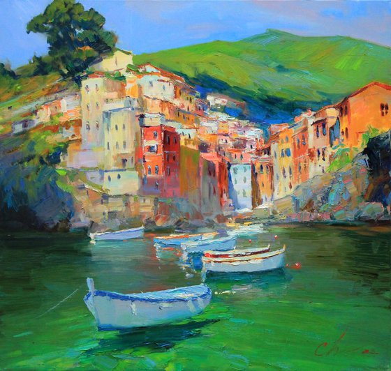 Riomaggiore, Italy seascape oil painting- impasto painting - Italian bay area art work