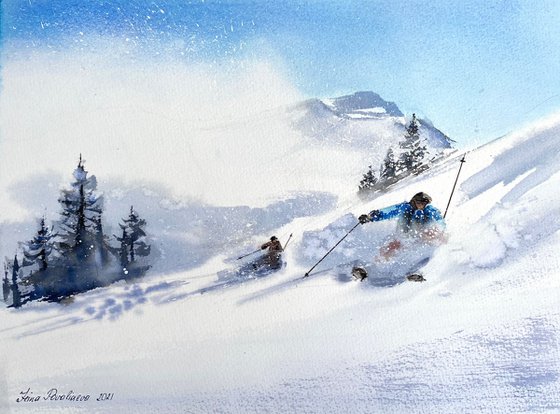 Skiers on the slope, downhill skiing on a snowy slope original artwork watercolor painting with winter landscape in medium size
