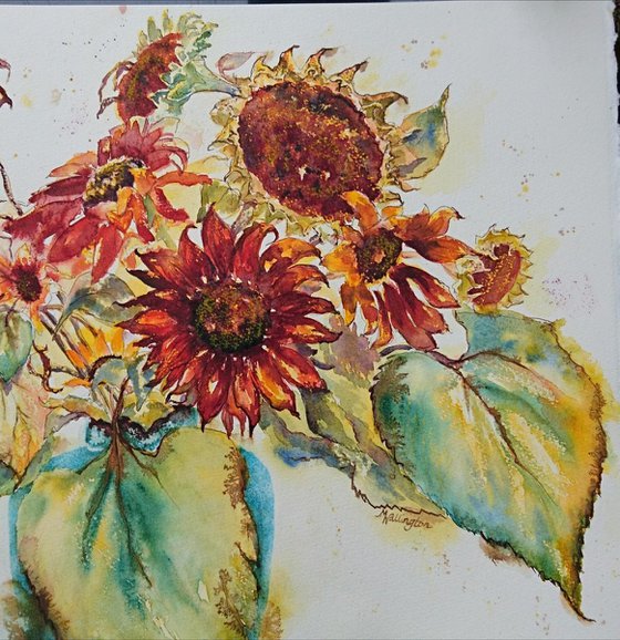 Orange Sunflowers (large watercolour and mixed media floral)