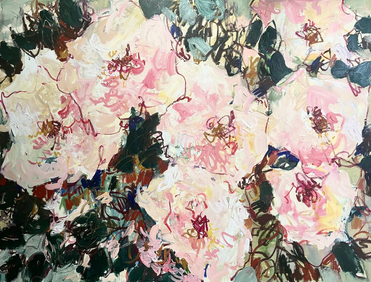 Impressionistic Botanical Oil Painting By Lilia Orlova-Holmes, 48 X 36", Hedge Roses., Original Artwork