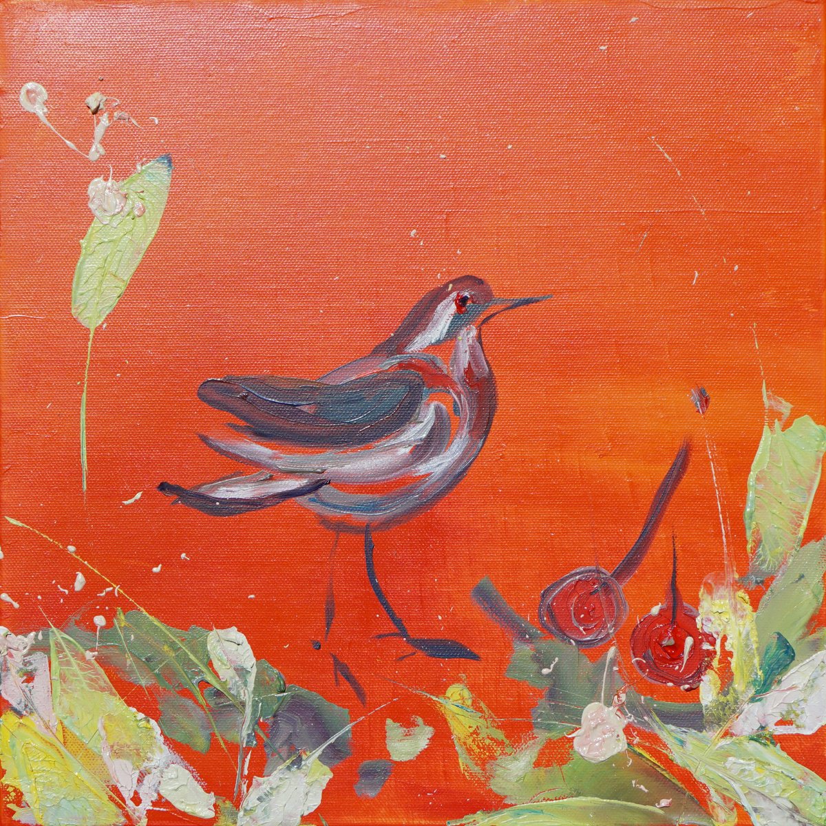 Abstract Animal Oil Painting By Jelena B, 12 X 12, Red Bird, Original Artwork