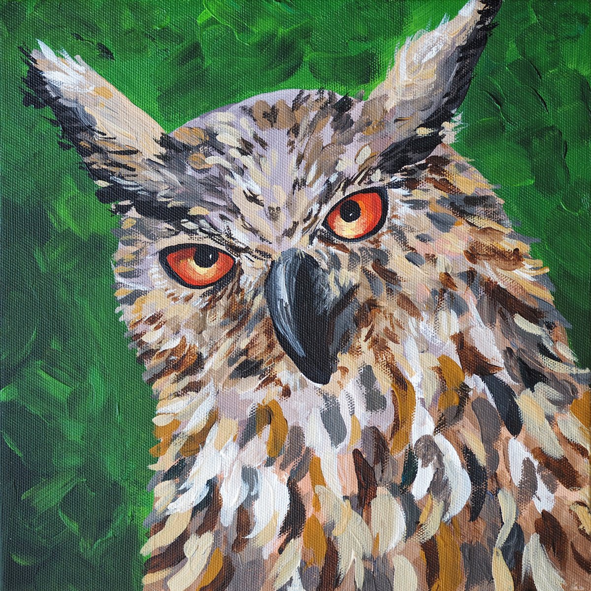 Impressionistic Animal Acrylic Painting By Delnara El, 10 X 10, Owl, Original Artwork