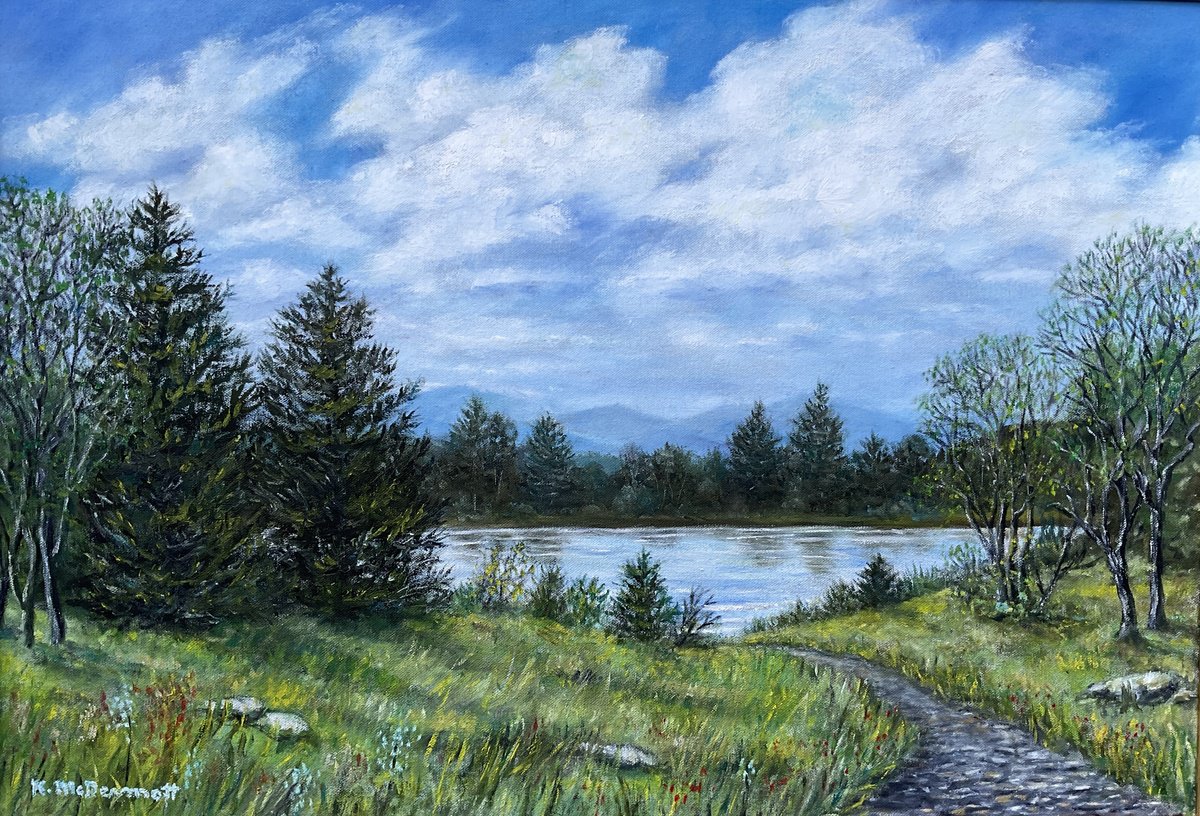 Photorealistic Landscape Oil Painting By Kathleen Mcdermott, 36 X 27", The Way To The Lake # 2, Original Artwork