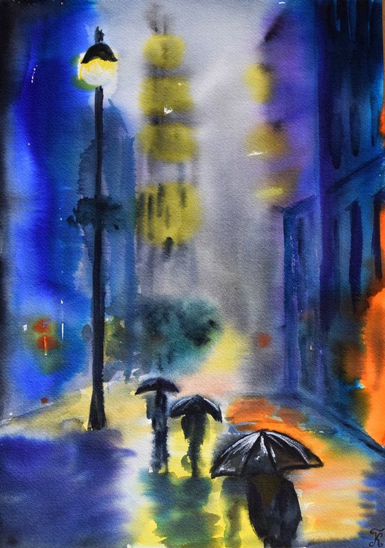 Rainy night New York original watercolor painting, abstract cityscape