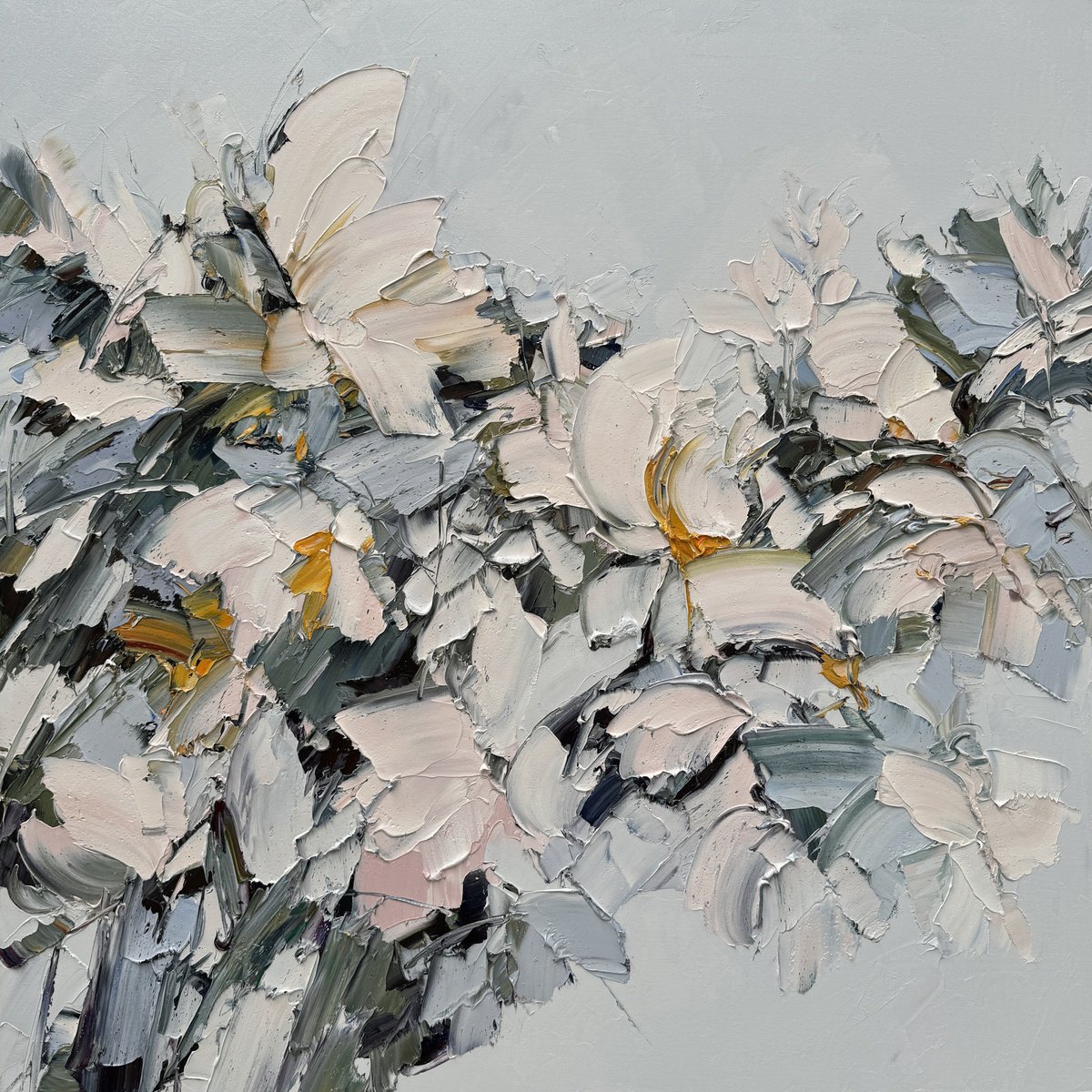 Impressionistic Botanical Oil Painting By Liliana Gigovic, 36 X 36", White Magnolia No 29, Original Artwork