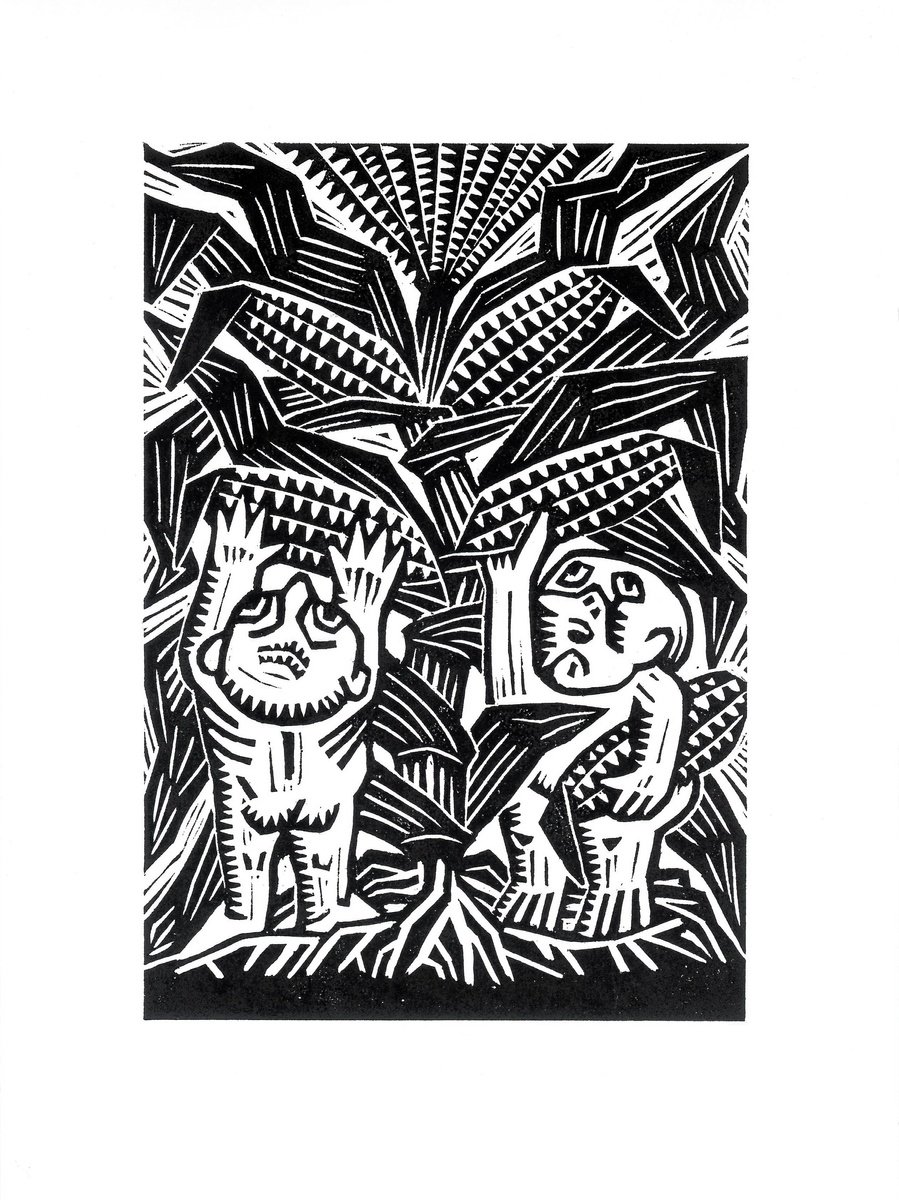 Naive Portrait Linocut By Oleksandr Korol, 8 X 12", Children And Corn, Original Artwork