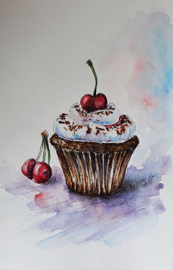 Original Watercolor - Yummy Cupcake with Cherry - Chocolate Dessert - Food Art - Kitchen Dining Room Decor - Food Illustration