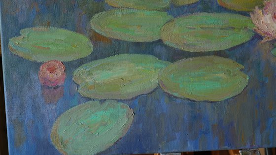 Evening Water Lilies. Original Oil Painting. Gift, wall art, interior art, interior design, stylish art, present, pop