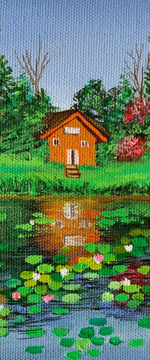 House by water lilies pond - 3 ! Small Painting!!  Ready to hang by Amita Dand