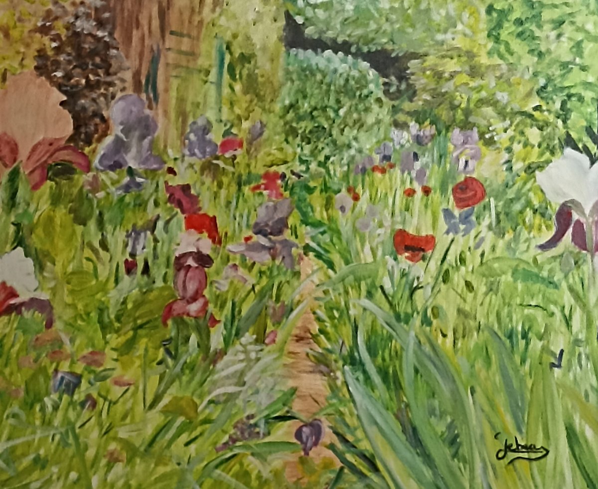 Impressionistic Botanical Oil Painting By Isabelle Lucas, 18 X 15, Irises Garden, Original Artwork