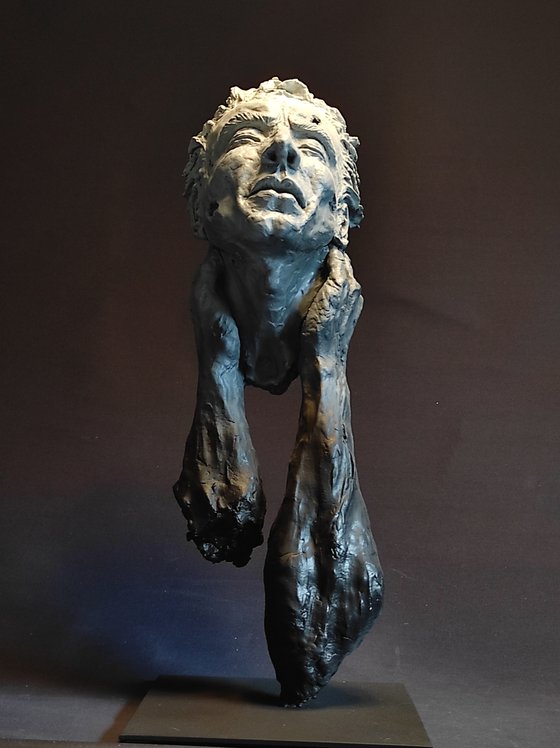 "Hope" Unique clay and wood sculpture 63x25x25cm.