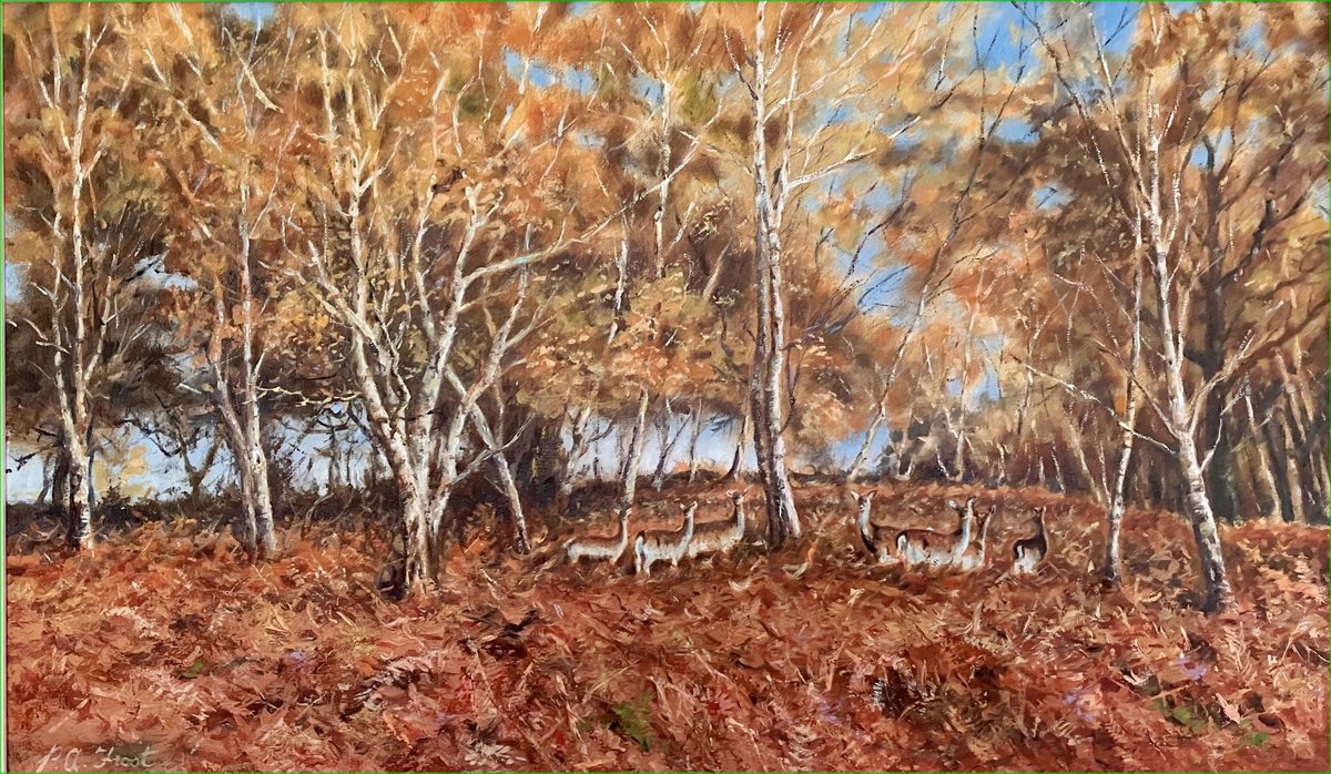 Illustrative Oil Painting , Fallow Deer Under Birch Trees By Peter Frost, 30 X 20, Artwork For Sale On Artfinder