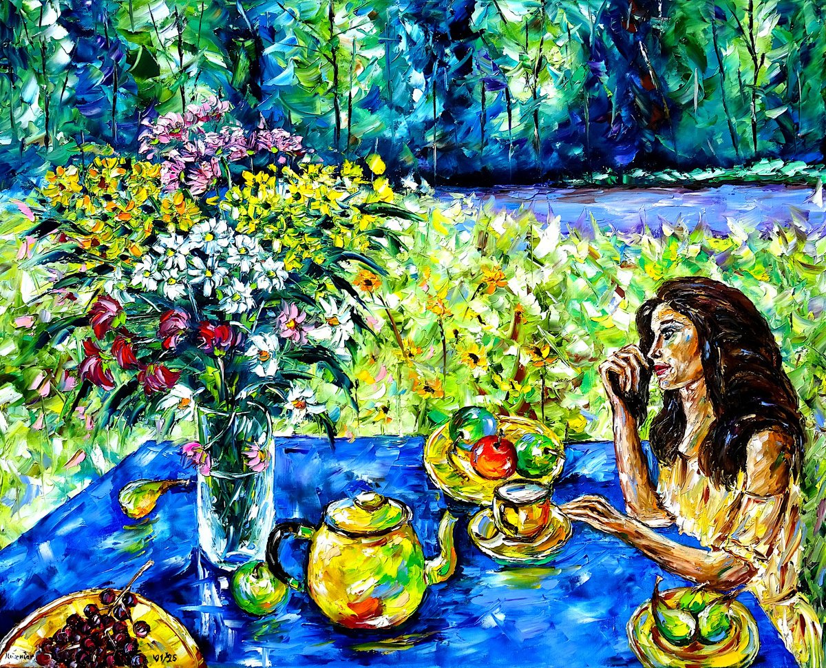 Expressive Oil Painting , The Woman At The Garden Table By Mirek Kuzniar, 39 X 31, Artwork For Sale On Artfinder