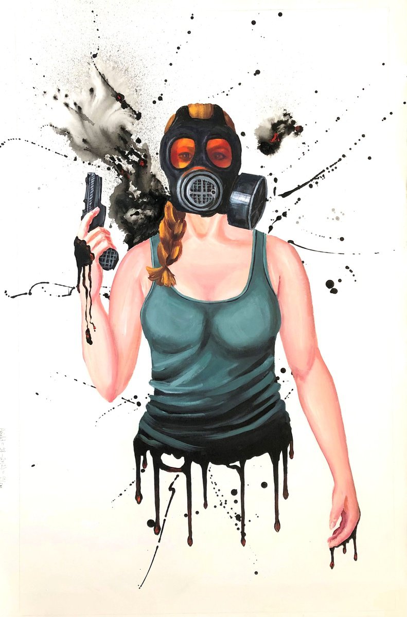 Expressive Portrait Acrylic Painting By Lena Smirnova, 24 X 39", Alert Orange, Original Artwork