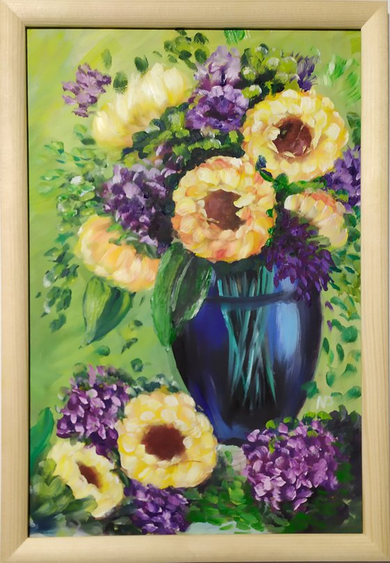 Flowers, impressionistic framed floral oil painting, gift idea, bedroom painting