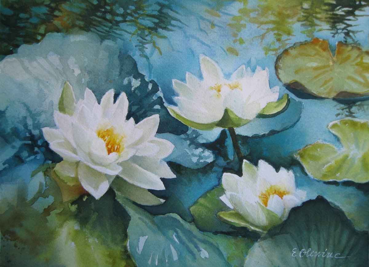 Impressionistic Botanical Watercolour By Elena Oleniuc, 15 X 11, Blooming Lake, Original Artwork