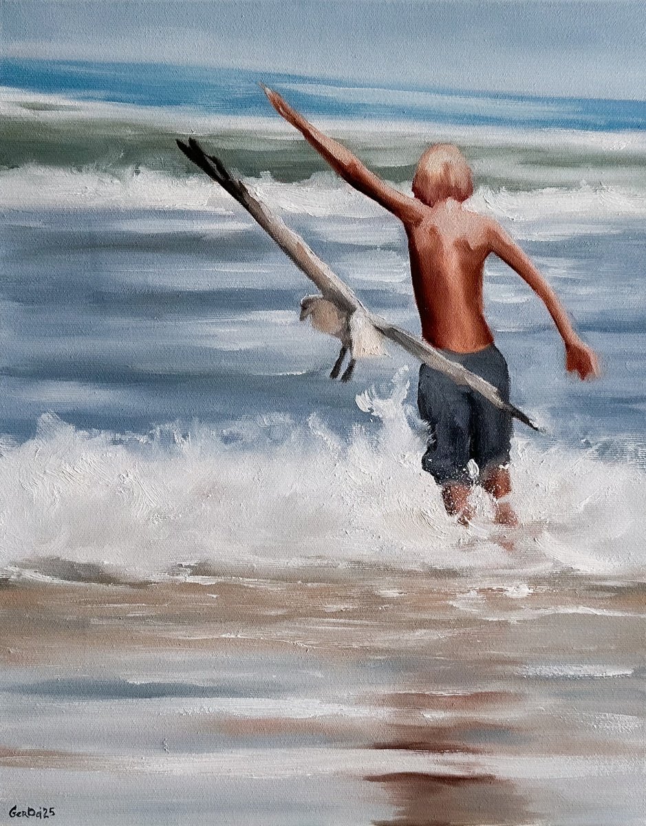 Impressionistic Landscape Oil Painting By Daria Gerasimova, 16 X 20, Boy And Seagull, Original Artwork