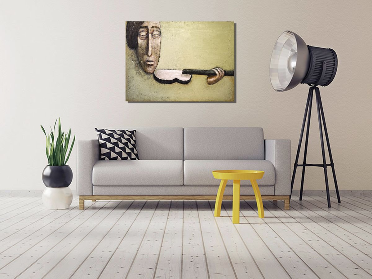 Naive Portrait Acrylic Painting By Zhana Viel, 35 X 25", Stringless Iii, Original Artwork