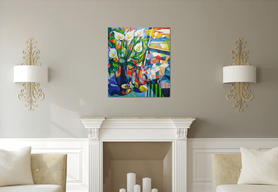 Still life with callas(80x90cm, cubism, oil painting, ready to hang)