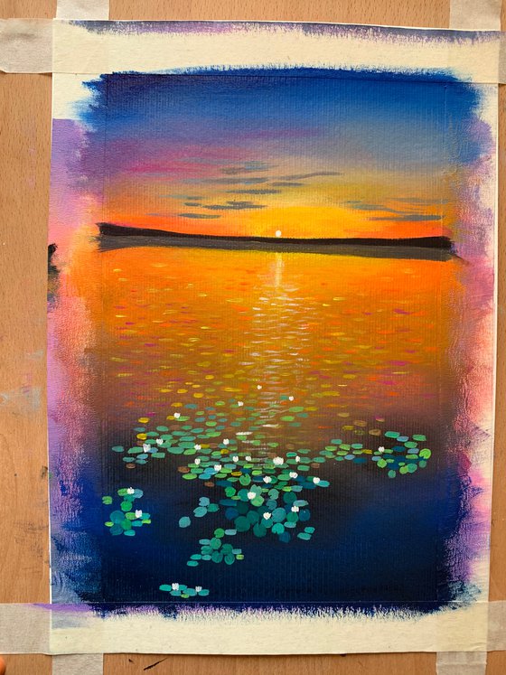 Water lily pond at sunset - 4 ! A4 size Painting on paper