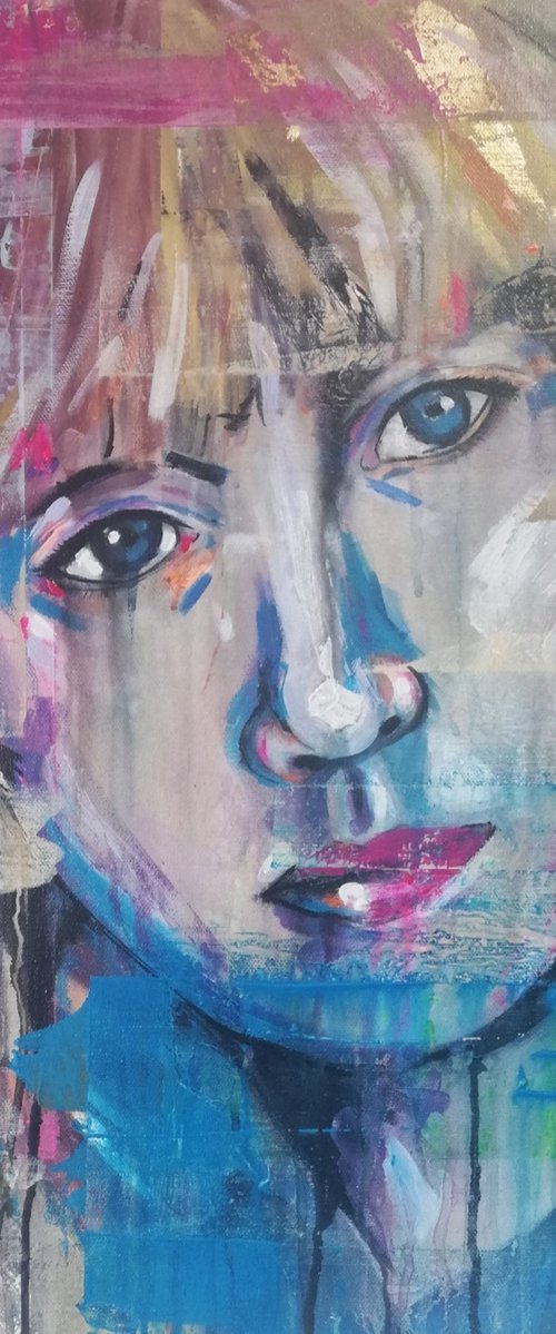 Colourful Portrait, modern art, gestural brush strokes, "Fault Lines" Brightly coloured by Dianne Bowell