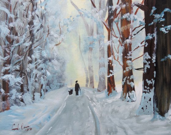 Winter man and his dog oil painting