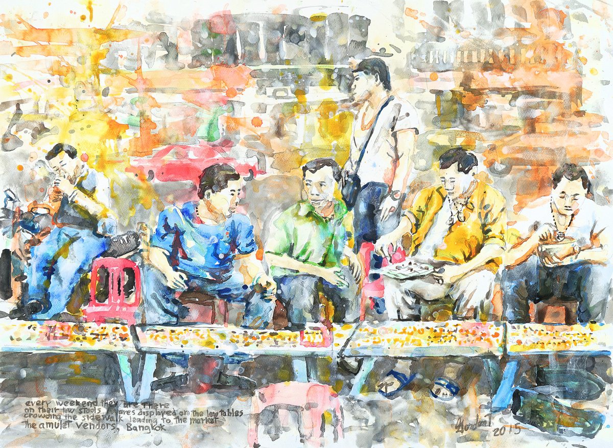 Expressive Portrait Acrylic Painting By Gordon T., 30 X 22, Amulet Vendors, Bangkok, Original Artwork