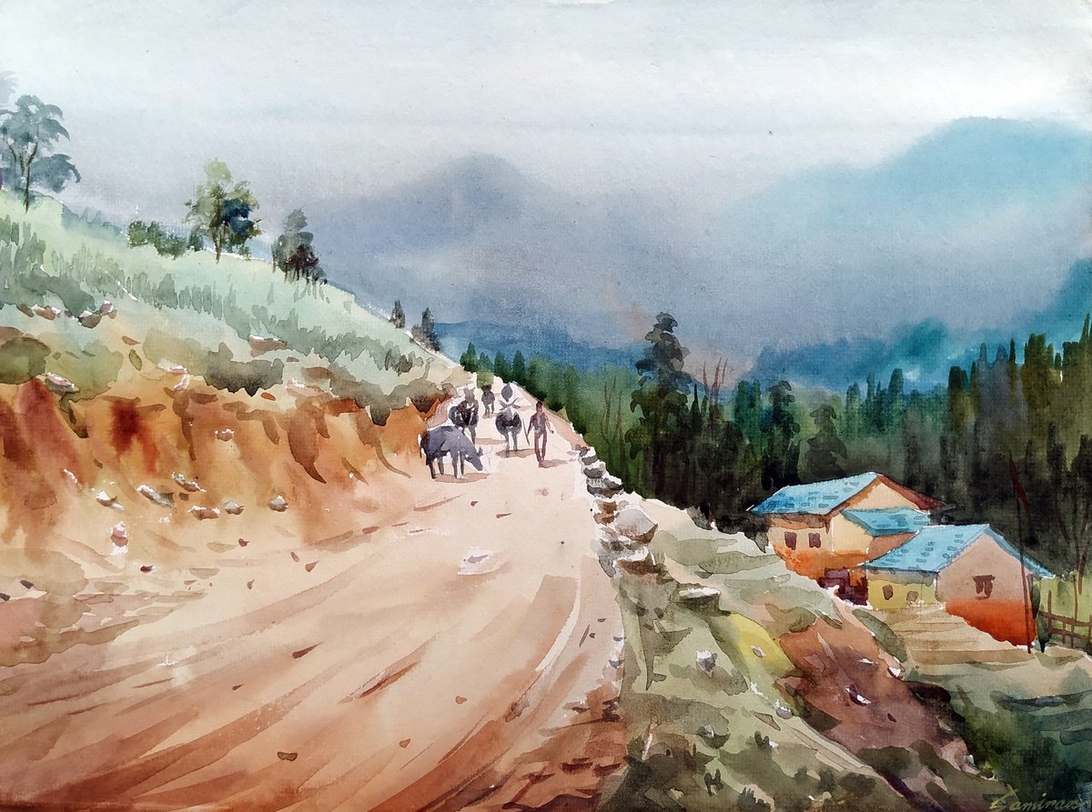 Impressionistic Landscape Watercolour By Samiran Sarkar, 15 X 11", Himalaya Mountain Village Road, Original Artwork