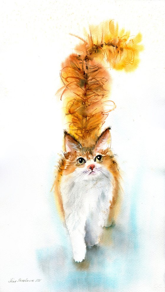 Red cute cat original watercolor artwork red cat with long tail , living room decor , farmhouse decor unique  gift  for pet lovers