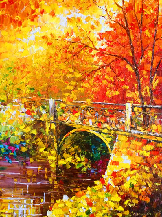 GOLDEN DAY - Autumn mood. Colorful park. Bridge in the forest. Yellow leaves. River. September. Warm day.